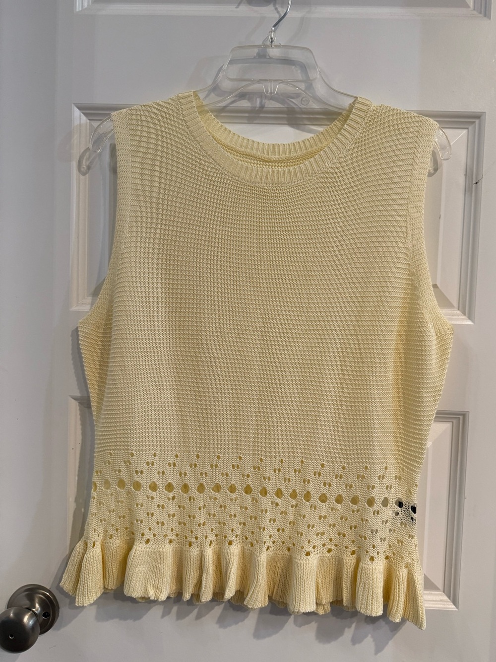 SHEIN Soft Pale Yellow Sleeveless Knit Tank with Eyelet Ruffle Hem